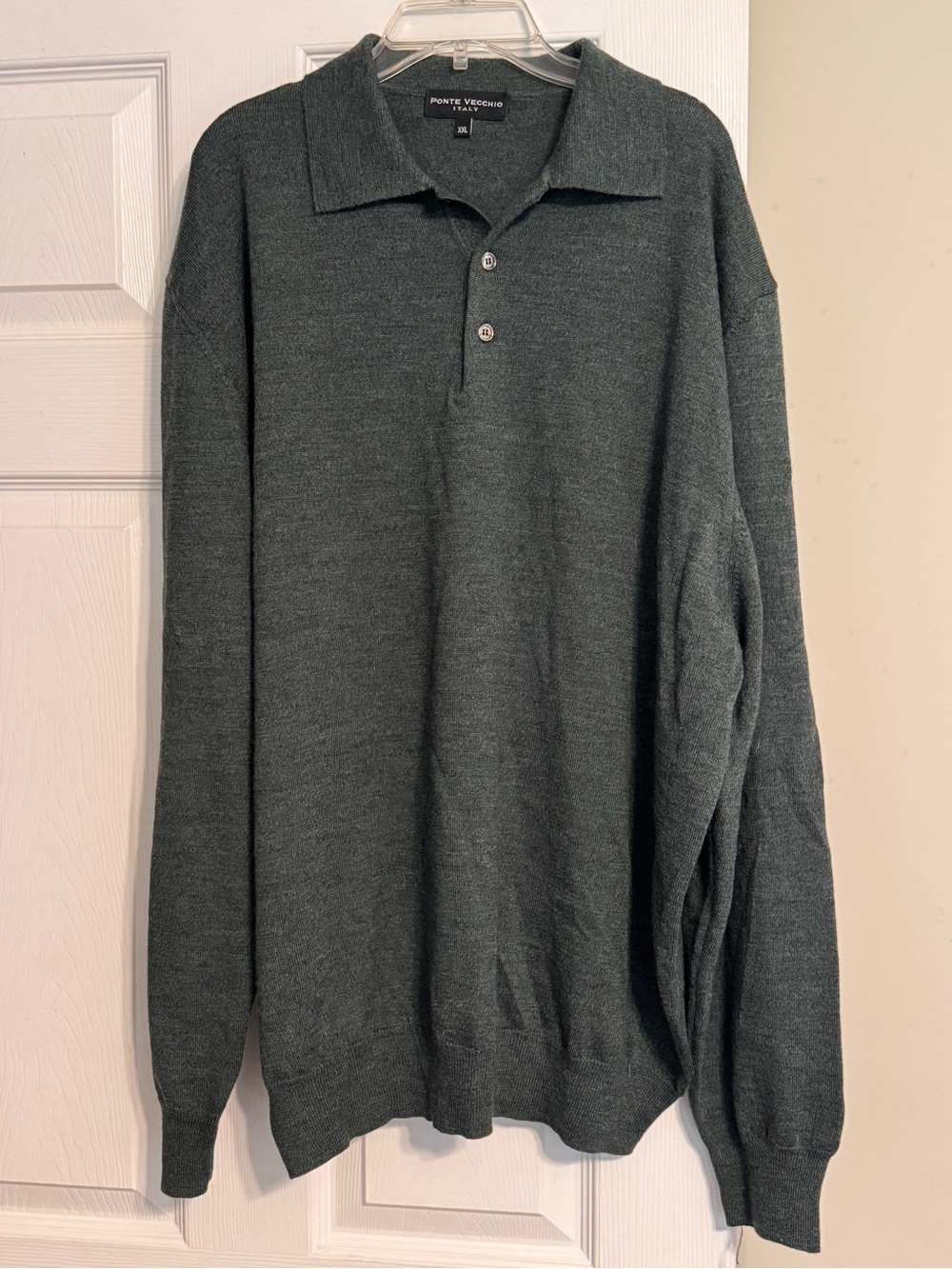 Ponte Vecchio Italian Merino Wool Long Sleeve Dark Green Knit Polo Sweater XXL